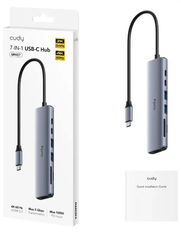 Cudy UH407 , 7-In-1 HDMI SD/TF 4K USB-C Hub, 60/144/240 Hz, 5Gps, 100W Slika 6