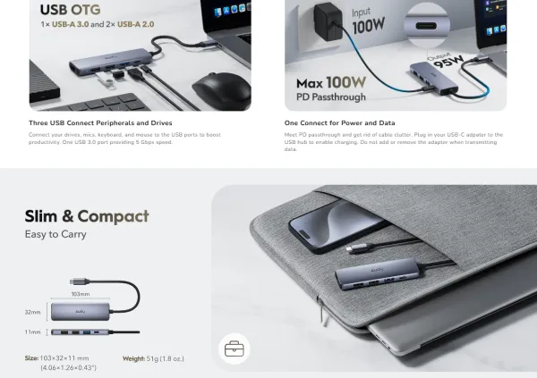 Cudy UH405, 5-In-1 HDMI 4K USB-C Hub 30/60/120 Hz, 5Gps, 100W Slika 2