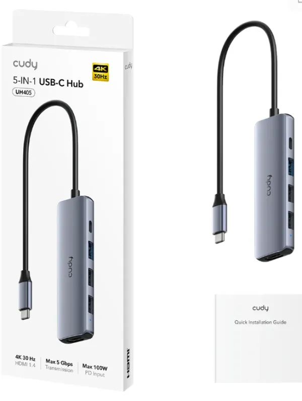 Cudy UH405, 5-In-1 HDMI 4K USB-C Hub 30/60/120 Hz, 5Gps, 100W Slika 3