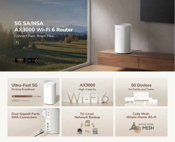 Cudy P2, 5G SA/NSA AX3000 Wi-Fi 6 Router, 2.6 Gbps DL, 2402 Mbps+ 574 Mbps Slika 4