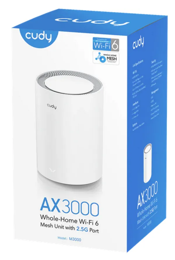 Cudy M3000 2.0, 1-Pack AX3000 2.5G Mesh Wi-Fi 6 System White,4-Stream Dual-Band,2402 Mbps + 574 Mbps Slika 7