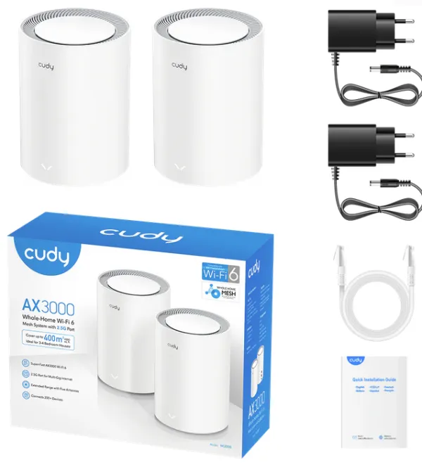 Cudy M3000 2-Pack,AX3000 2.5G Mesh Wi-Fi 6 System White,4-Stream Dual-Band, 2402 Mbps + 574 Mbps Slika 8