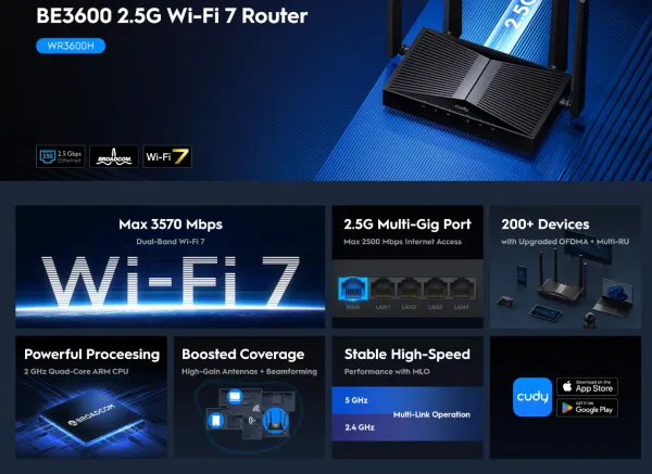 Cudy WR3600H,BE3600 2.5G Wi-Fi 7 Router,4-Stream Dual-Band, 2882 Mbps + 688 Mbps Wi-Fi Slika 8
