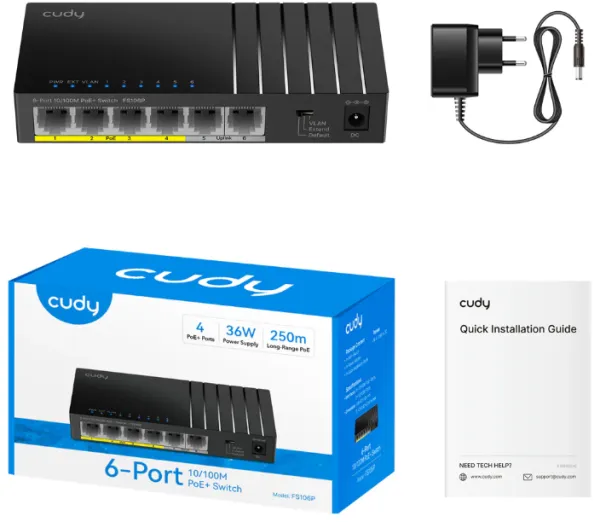 Cudy FS106P,6-Port 10/100M PoE+ Switch,4× FE with 802.3at/af Mode A PoE,2× Uplink FE,36W Slika 6
