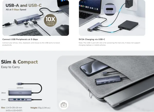 Cudy UH605 1.0,5-In-1 USB-C Hub with Gigabit Ethernet Port,3× USB-A 3.2 Gen 1 (5 Gbps),25cm Slika 2