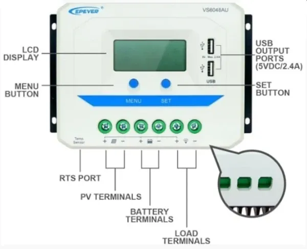 Epever Kontroler punjenja 60A 12/24/36/48V VS6048AU LCD,Beli Slika 8