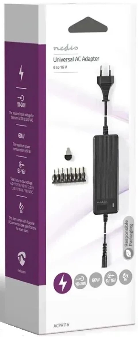 NEDIS ACPA116 Universal AC Power Adapter 60W, 6-16V DC, 1.10m 5.0-5.2A 8-plug(s), Black Slika 2