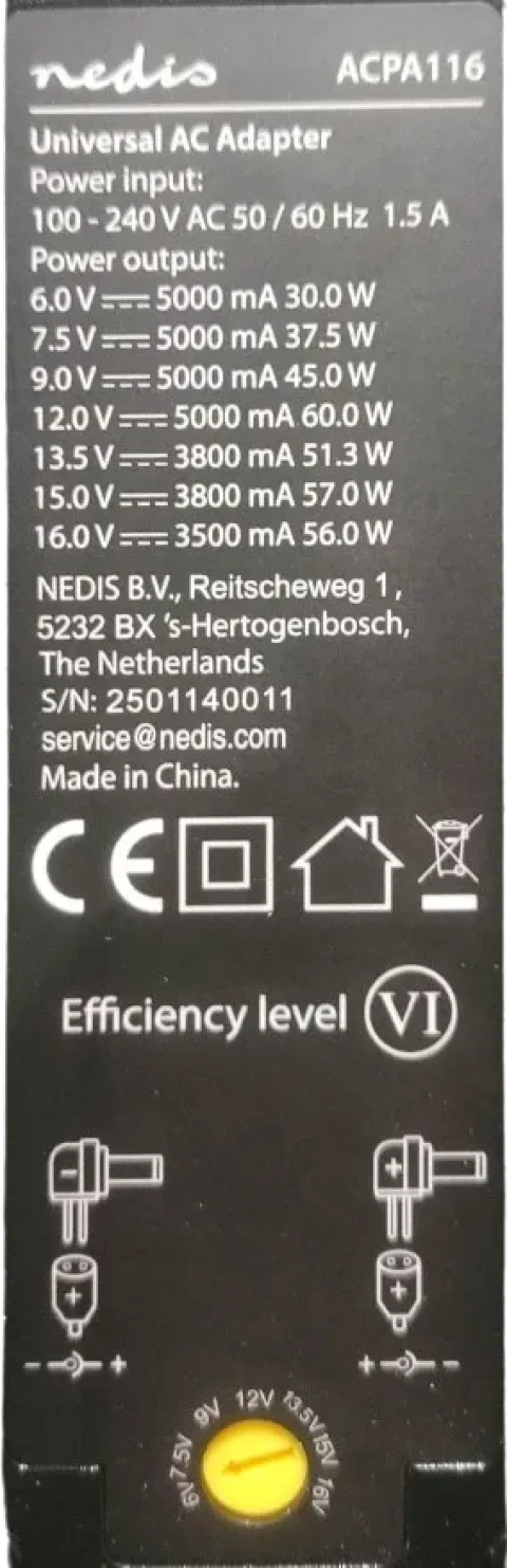 NEDIS ACPA116 Universal AC Power Adapter 60W, 6-16V DC, 1.10m 5.0-5.2A 8-plug(s), Black Slika 5