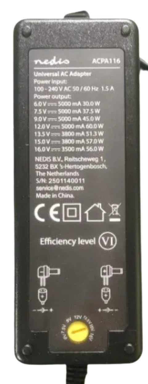 NEDIS ACPA116 Universal AC Power Adapter 60W, 6-16V DC, 1.10m 5.0-5.2A 8-plug(s), Black Slika 6