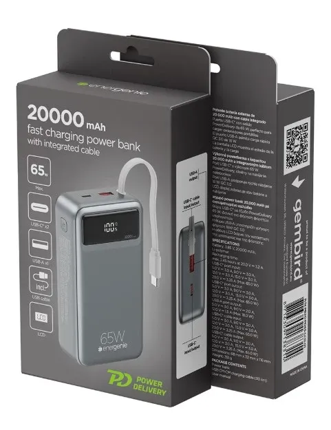 PB20-PD65-LCD-01 Gembird Powerbank od 65W za brzo punjenje sa integrisanim kablovima, 20000 mAh Slika 3