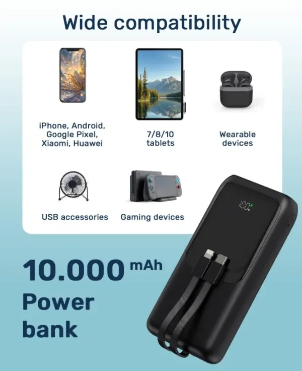 PB10-PD20-LCD-01 Gembird 20 W prenosni punjaè sa brzim punjenjem i integrisanim kablovima, 10000 mAh Slika 5
