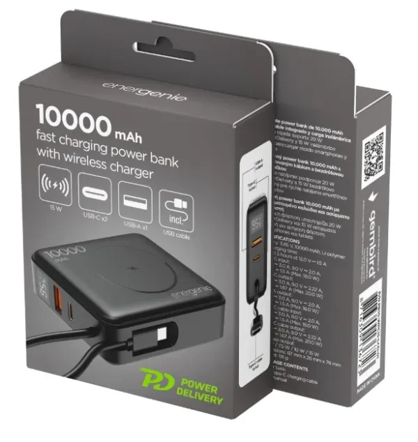 PB10-WPC15-LCD-01 Gembird 20 W prenosni punjaè sa brzim punjaèem i bežiènim punjaèem, 10000 mAh,crni Slika 6