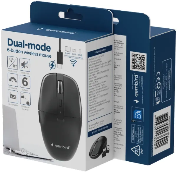 MUSW2-6B-0 Gembird Bezicni mis 2,4GHz+ Bluetooth opticki 800-1600Dpi 6-tastera crni 110mm Slika 7