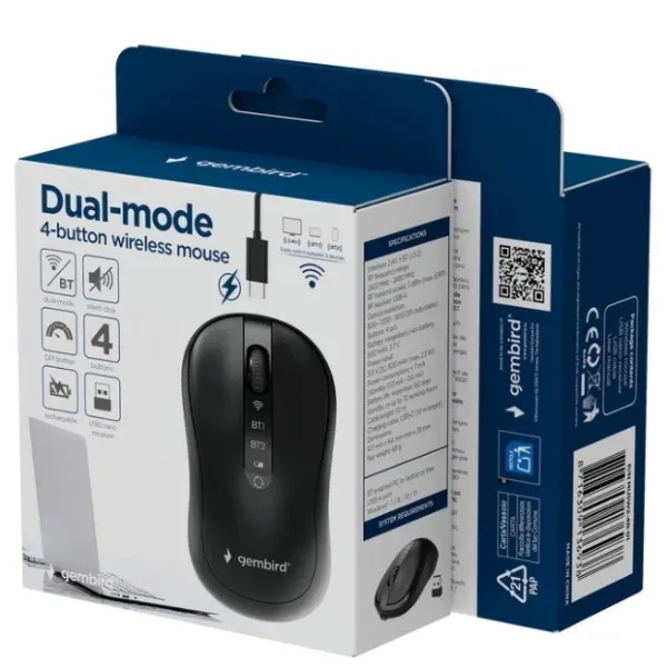 MUSW2-4B-01 Gembird Bežièni miš sa 4 tastera, Dual Mode, crni,800-1600 DPI,107 mm Slika 8