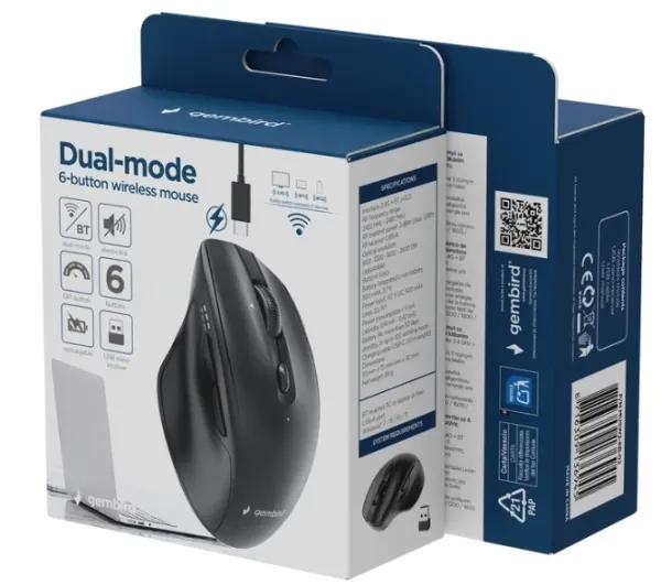 MUSW2-6B-02 Gembird Bežièni miš sa 6 tastera, dual-mode,2.4G + BT,800-2400 DPI,crna,112mm Slika 8