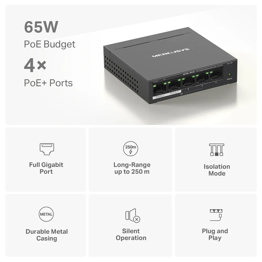 Mercusys MS105GP V3.0, 5-Port PoE Gigabit Desktop Switch with 4-Port PoE+ 65W Slika 4
