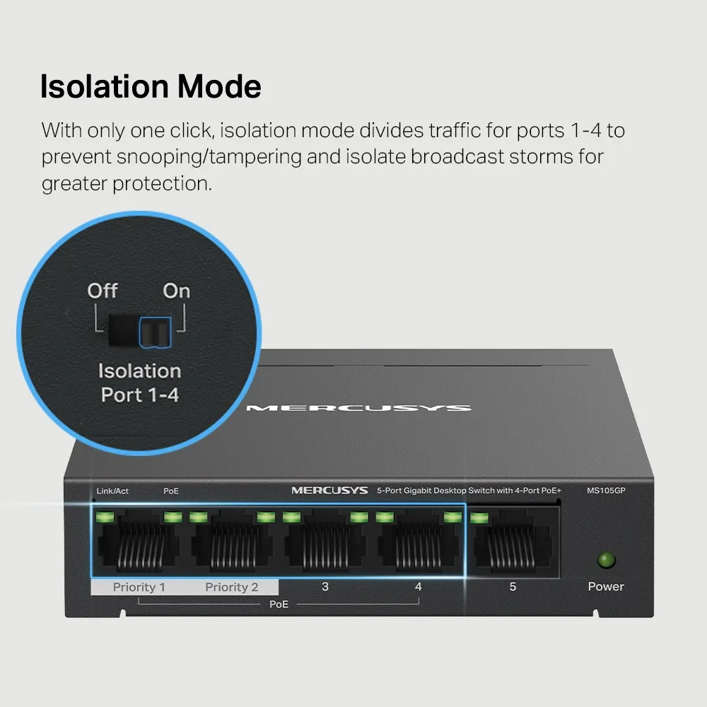 Mercusys MS105GP V3.0, 5-Port PoE Gigabit Desktop Switch with 4-Port PoE+ 65W Slika 6