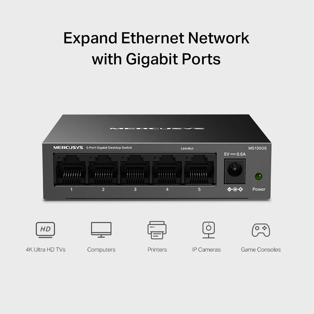 Mercusys MS105GS V2.0 5-Port Gigabit Desktop Switch Metal Housing Slika 3