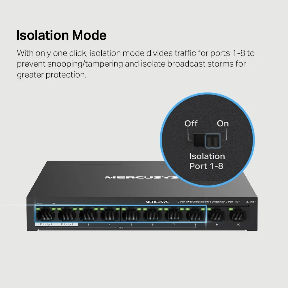 Mercusys MS110P 10-Port 10/100Mbps Desktop Switch with 8-Port PoE+ Slika 5