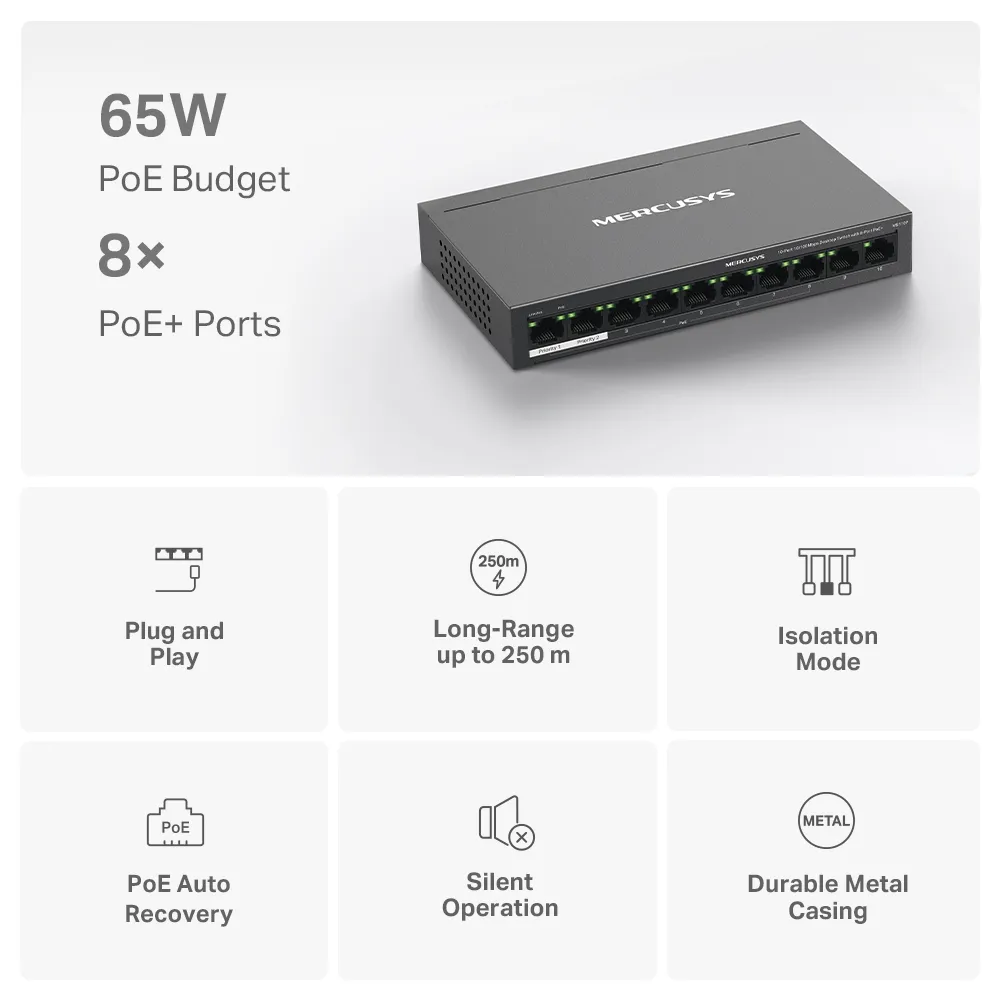 Mercusys MS110P 10-Port 10/100Mbps Desktop Switch with 8-Port PoE+ Slika 7