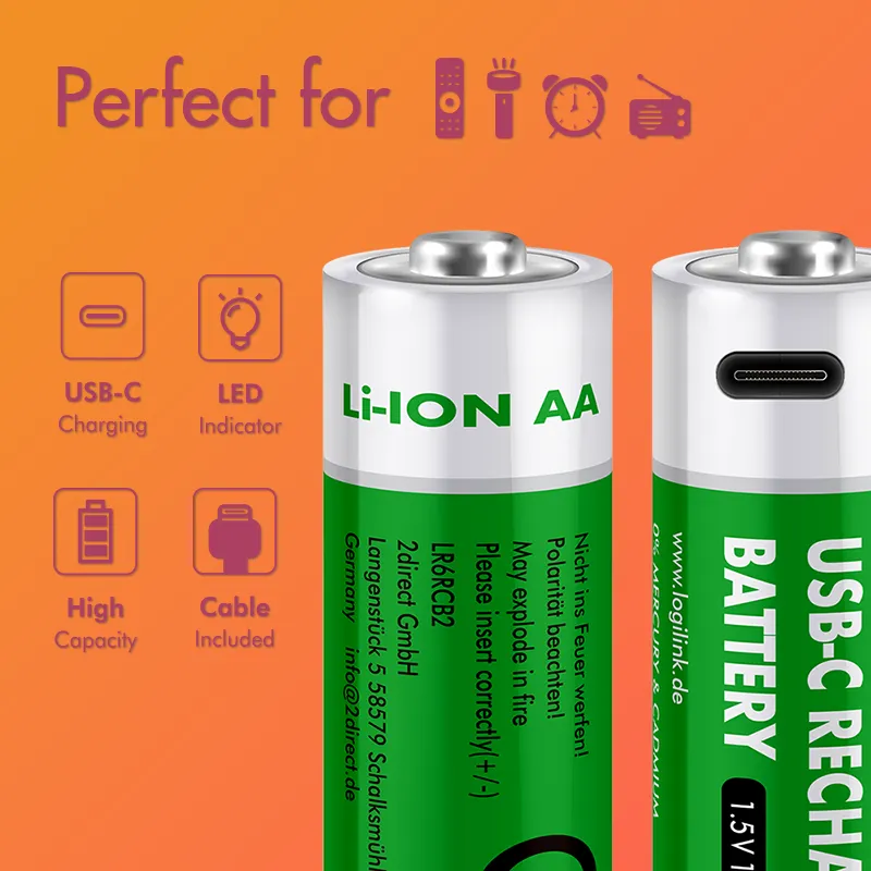 Logilink punjive baterije AA 1.5V 1850 mAh / 2775 mWh, type c, 2 kom Slika 3