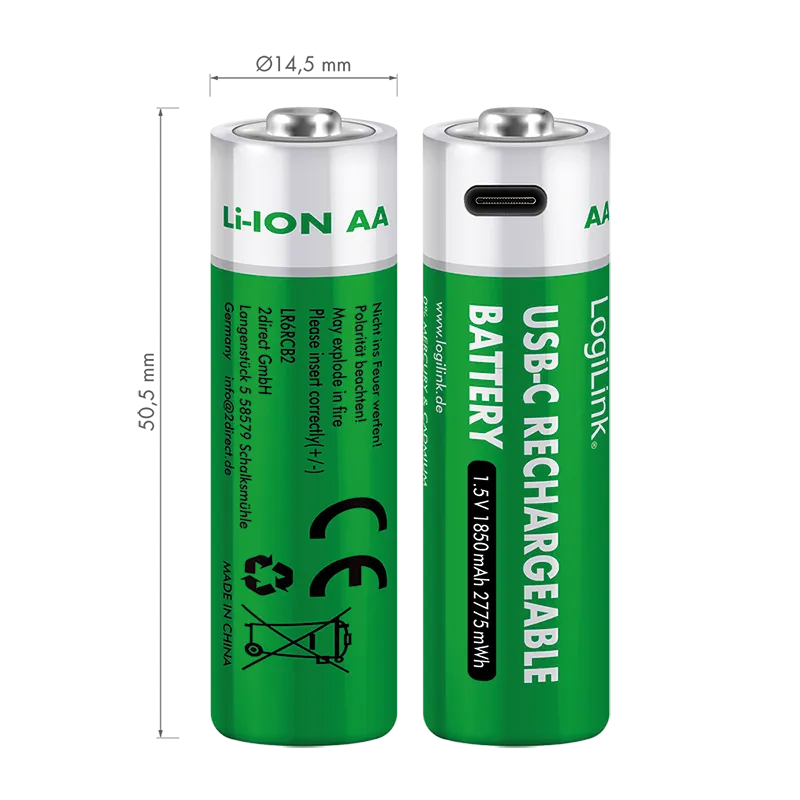 Logilink punjive baterije AA 1.5V 1850 mAh / 2775 mWh, type c, 2 kom Slika 4