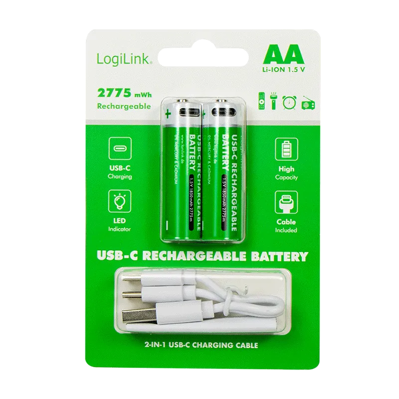 Logilink punjive baterije AA 1.5V 1850 mAh / 2775 mWh, type c, 2 kom Slika 5