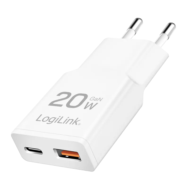 Logilink punjač 2 porta, 1 x USB type c, 1 x USB A, 20W, GaN, slim, bela Slika 1