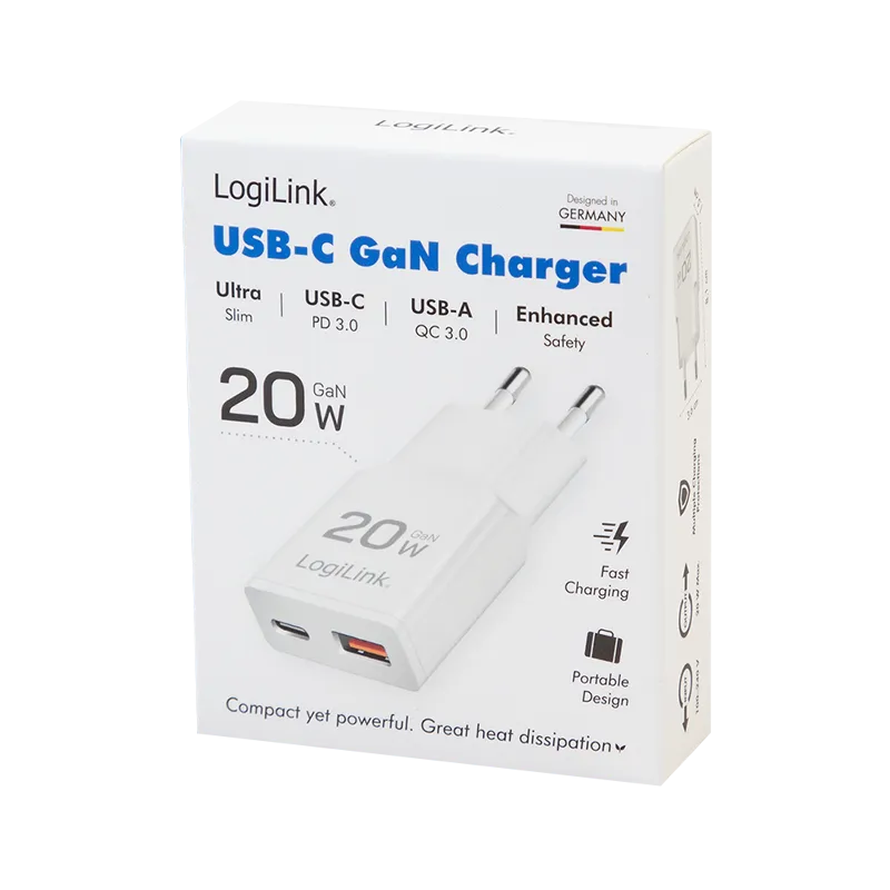 Logilink punjač 2 porta, 1 x USB type c, 1 x USB A, 20W, GaN, slim, bela Slika 4