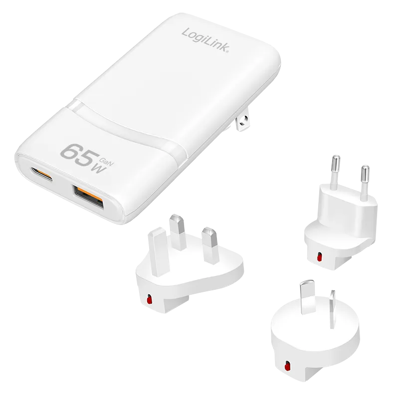Logilink putni punjač sa dva USB GaN porta, tri adaptera EU / UK / AU, 65 W, slim Slika 1