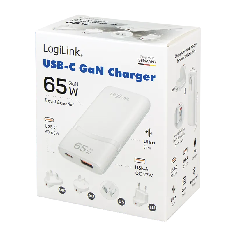 Logilink putni punjač sa dva USB GaN porta, tri adaptera EU / UK / AU, 65 W, slim Slika 6