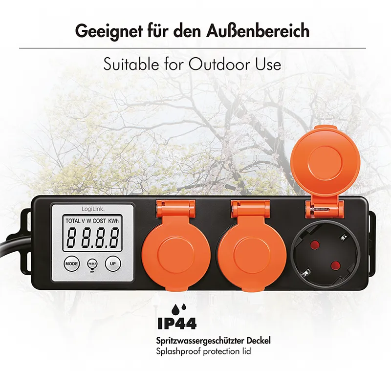 Logilink produžni kabl outdoor 3 mesta, LCD displej potrošnje, 1.4m, IP44, crna Slika 4