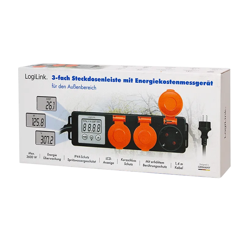 Logilink produžni kabl outdoor 3 mesta, LCD displej potrošnje, 1.4m, IP44, crna Slika 7