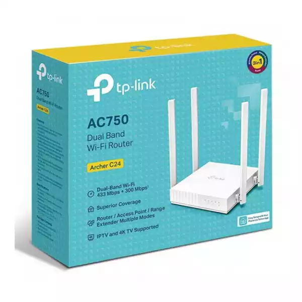 Wireless Router TP-Link Archer C24 AC750 433Mb/s/ext x 4/2.4-5Ghz/1WAN/4LAN Slika 1