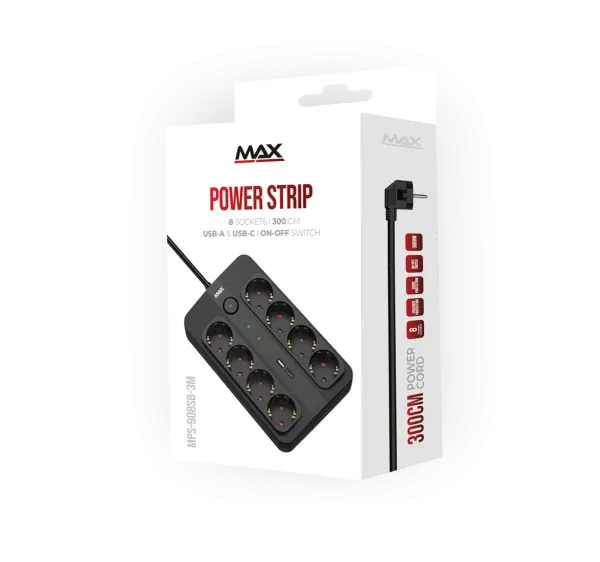 Produžni kabl sa prenaponskom zaštitom sa 8 utičnica MAX MPS-908SB-3M/3m/USB A & USB C port Slika 2