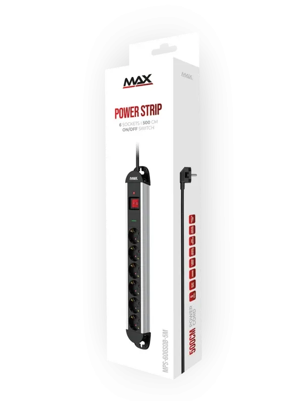 Produžni kabl sa prenaponskom zaštitom sa 6 utičnica MAX MPS-606SOB-5M/aluminijumsko kučište/5m Slika 2