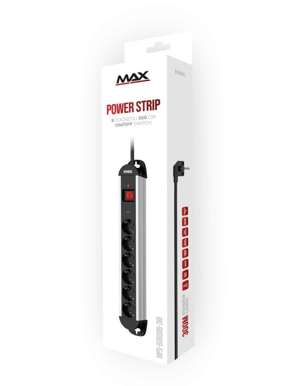 Produžni kabl sa prenaponskom zaštitom sa 6 utičnica MAX MPS-606SOB-3M/aluminijumsko kučište/3m Slika 2
