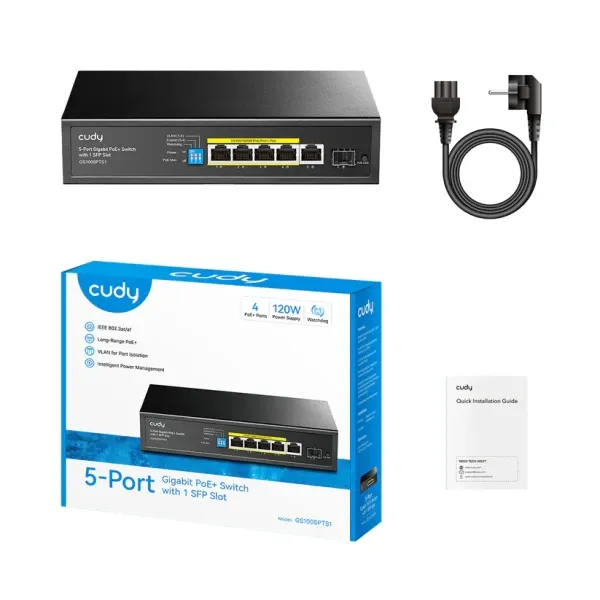 Svič 10/100/1000 5-port Cudy GS1005PTS1 4xPoE+ sa 1 SFP port/120W Slika 2