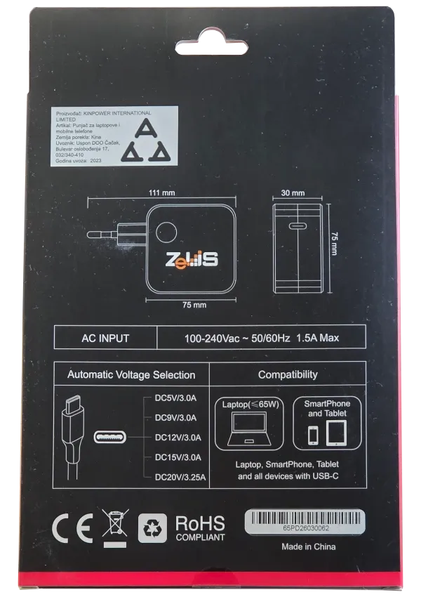 Punjač univerzalni ZEUS ZUS-NB65 PDC USB-C 65W za laptop,tablet,smart phone Slika 2