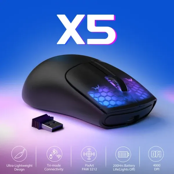 Bežični gaming miš Attack Shark X5 TriMode/Superlight/LongBattery/RGB Click/Ergonomic/Black Slika 2